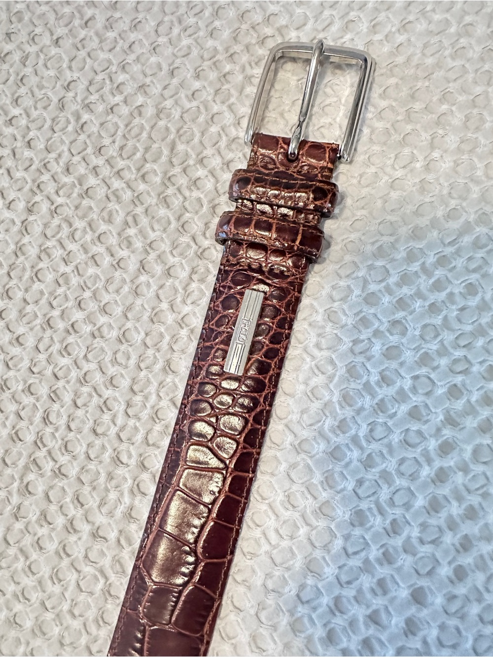 Men's Polo Brown Croc-Embossed Leather Belt with Silver Buckle